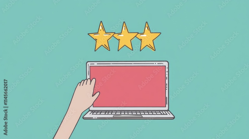 Poster hand interacting with laptop displaying three star feedback icon representing customer satisfaction 