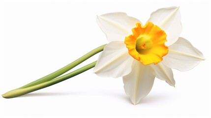 Fototapeta premium Elegant daffodil bloom with vibrant yellow center against a clean white background showcasing natural beauty and floral elegance.
