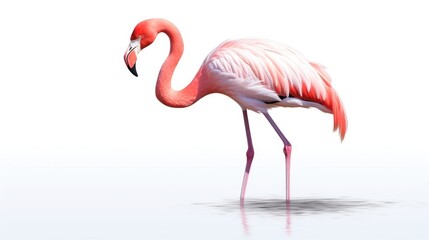 Obraz premium Elegant pink flamingo gracefully standing on a white background showcasing its vibrant feathers and serene beauty in a minimalist style.