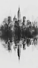 Fototapeta premium Skyline of New York City reflected in a calm lake during a foggy morning, showcasing iconic skyscrapers and their silhouettes