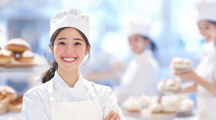 happy woman baker smiles in bright bakery, showcasing her passion for baking. atmosphere is filled with delicious pastries and warm ambiance