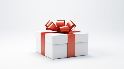 Obraz premium Elegant white gift box with vibrant red ribbon and bow on a minimalist background, perfect for festive and promotional concepts.