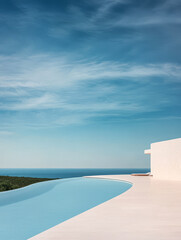 Obraz premium Modern villa with infinity pool overlooking ocean at dusk
