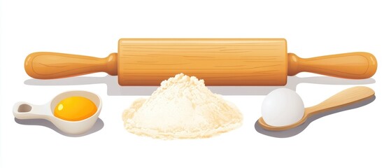 Kitchen essentials for baking featuring a wooden rolling pin flour eggs and measuring tools on a bright background