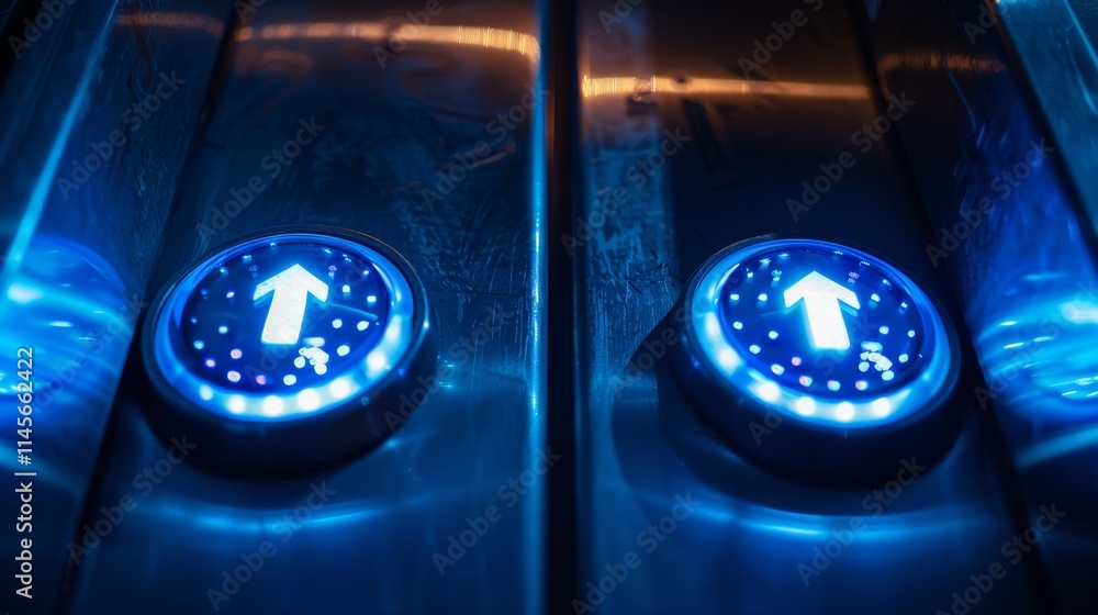 Poster illuminated elevator buttons signal upward movement in a modern building at night