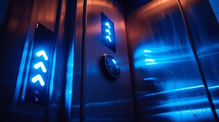 Elevator interior with illuminated buttons and reflective metal surfaces in a modern building