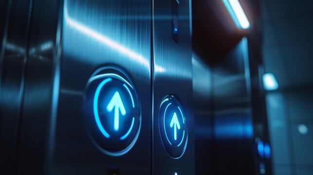 Illuminated elevator buttons indicating upward movement in a modern building at night