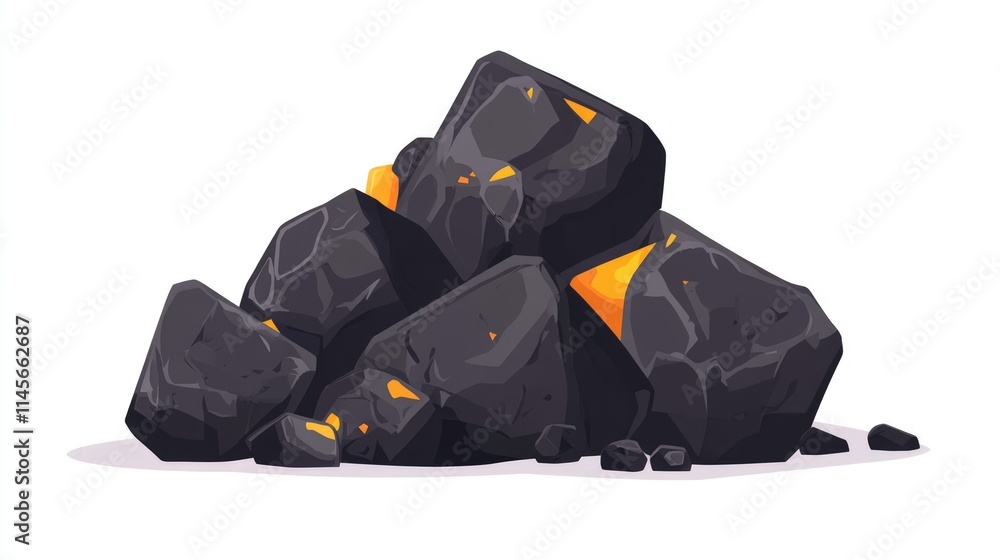 Poster coal rock pile with fragments showing texture and color variations on a clean white background for i