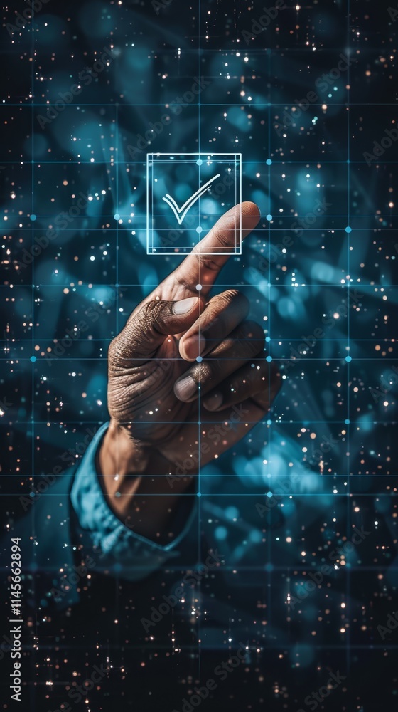 Poster Digital hand selecting check mark icon in a futuristic interface with abstract glowing background