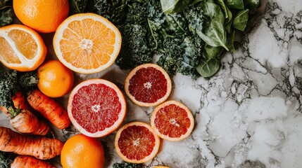 Fresh citrus and vegetables on marble surface food photography kitchen environment close-up