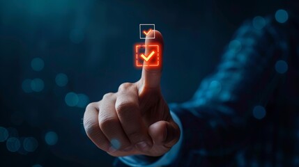 Digital hand pressing glowing check mark button in modern business environment during night