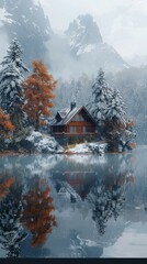 Fototapeta premium Charming cabin surrounded by autumn foliage and winter snow near a serene lake at dawn