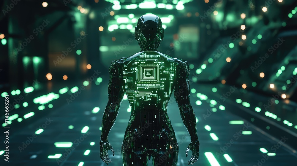 Poster a futuristic robotic exoskeleton powered by a central microchip, with glowing circuits symbolizing i