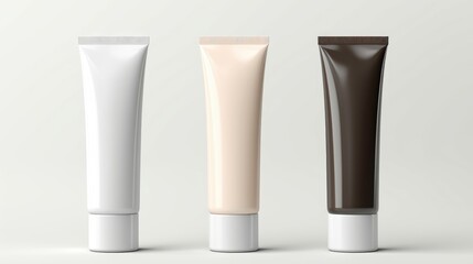 Three cosmetic plastic tubes in white, beige, and dark brown colors on a neutral backdrop showcasing empty packaging for product mockups.