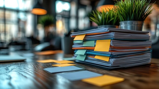 A pile of sticky notes on a table in an office serves as a reminder and tool for planning, with stationery, memos, and business papers contributing to workplace organization.