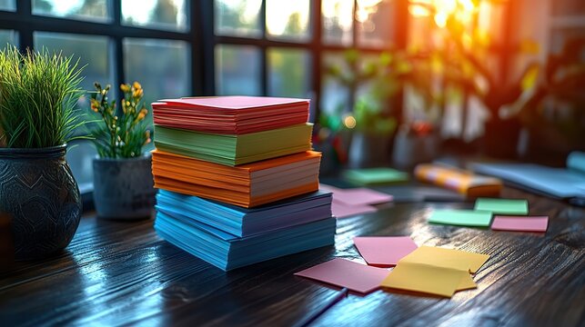 A pile of sticky notes on a table in an office serves as a reminder and tool for planning, with stationery, memos, and business papers contributing to workplace organization.