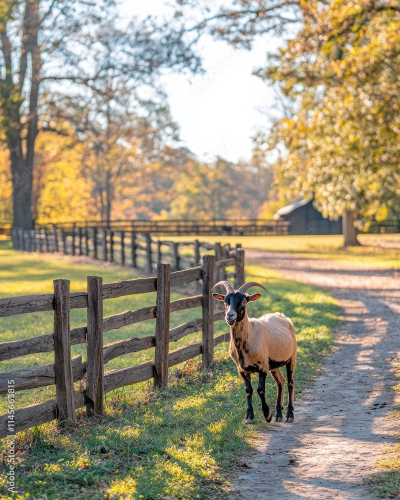 Poster a sheep stands by a rustic fence along a tranquil country path in autumn.