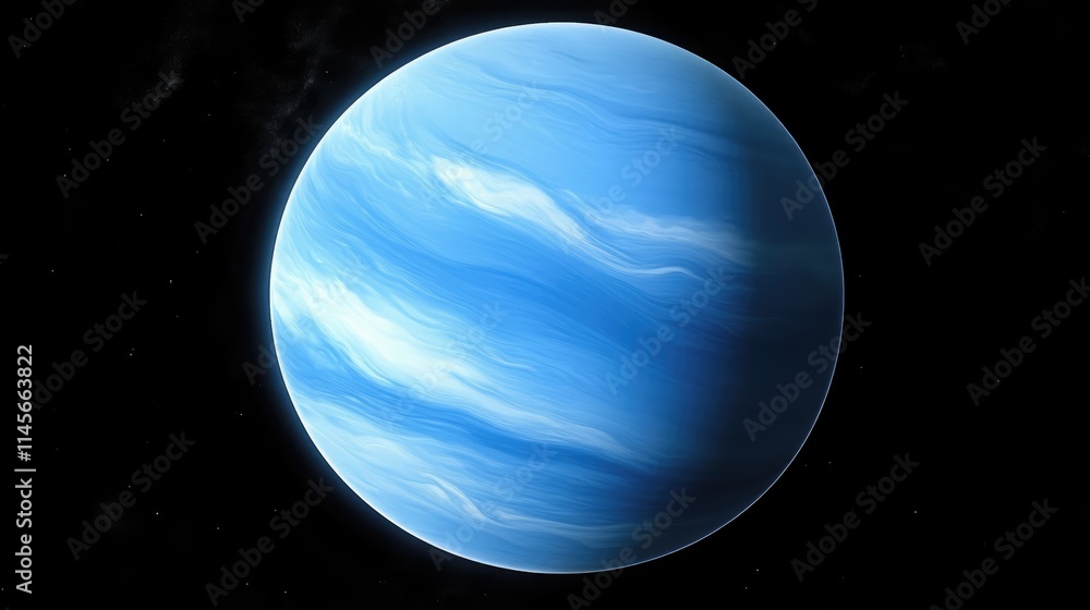 Poster blue extrasolar planet with atmospheric features showcasing swirling cloud patterns and a vibrant az