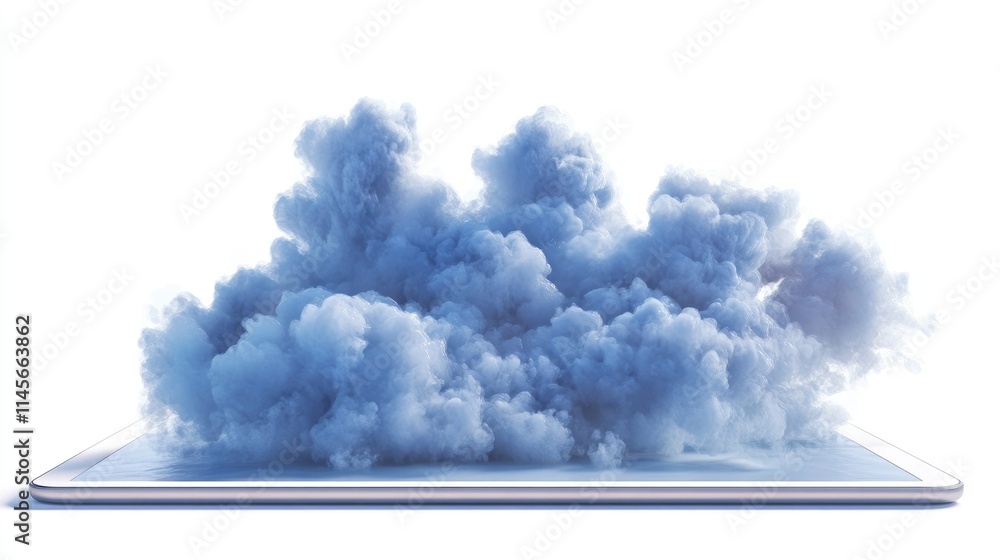 Poster cloud-shaped lock emerging from a tablet device on a clean white background symbolizing digital secu