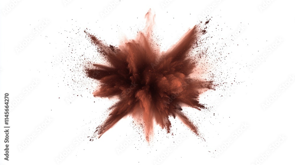 Poster dynamic explosion of brown powder creating an abstract cloud against a clean white background for ar