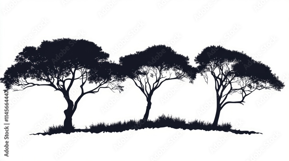 Aufkleber silhouette of three trees against a white background with grass creating a serene and tranquil natur