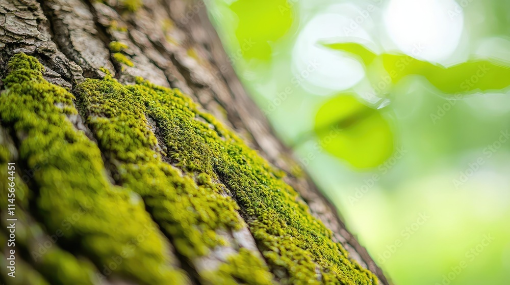 Poster macro natural idea. close-up of vibrant green moss growing on a tree trunk in a serene forest settin