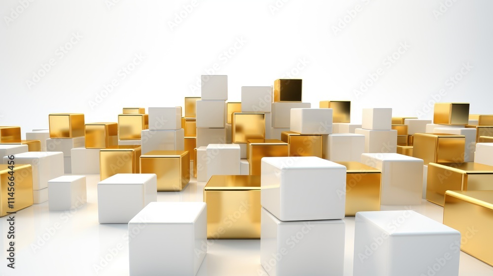 Poster white background with a dynamic arrangement of golden and white cubes creating a modern business or 