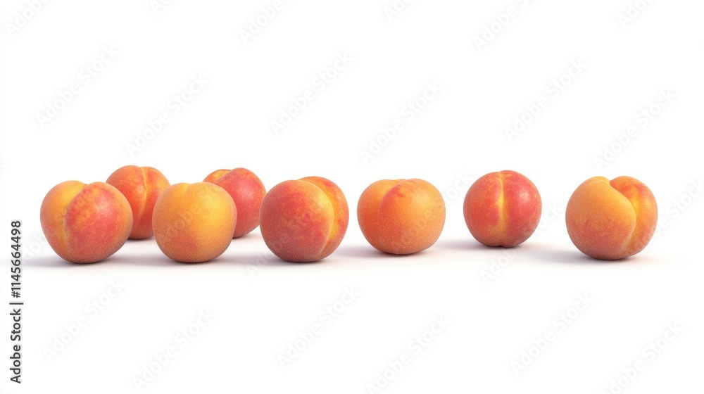 Poster ripe apricots arranged in a line on a clean white background showcasing their vibrant color and smoo