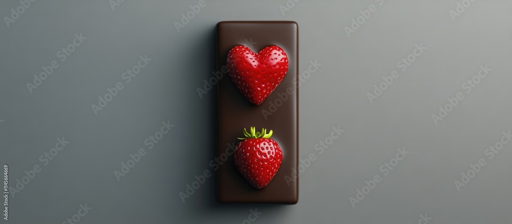 Poster chocolate bar adorned with strawberries and red hearts on a soft gray background captured from an ae
