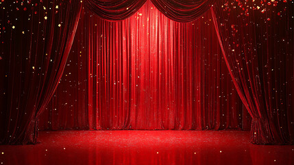 Red Velvet Curtain Spotlight: A stage set with red velvet curtains and a spotlight, perfect for theatrical productions, presentations, and events. The backdrop is a symbol of anticipation, mystery.