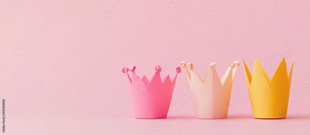 Poster three colorful paper crowns on a soft pink background representing minimalist family concepts and cr