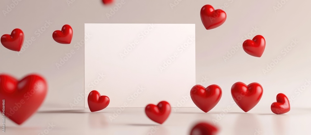 Poster valentine's day greeting card design with floating red hearts and an empty card for personalized mes