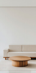 Minimalist living room design featuring beige sofa and round wooden coffee table