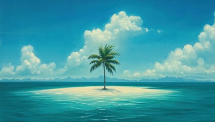 Obraz premium A serene tropical island with a lone palm tree under a bright blue sky and calm waters.
