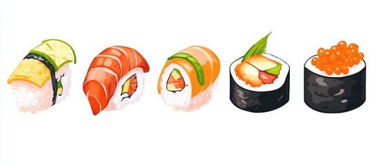 Seafood Rolls Collection Artistic Presentation of Fresh Sushi Varieties on White Background Healthy Culinary Delights
