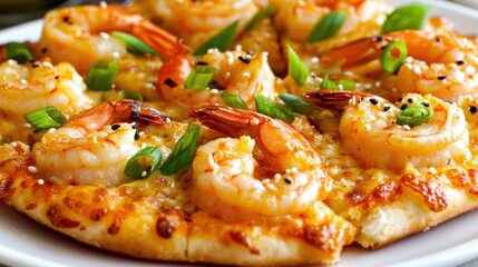 Delicious shrimp pizza served in a cozy restaurant appetizing food photography vibrant atmosphere