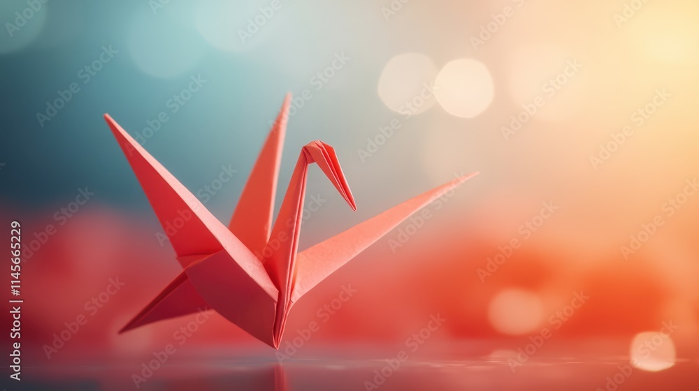 Poster origami crane with soft bokeh background creating an artistic and serene atmosphere for creative and