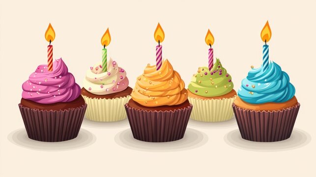 Colorful birthday cupcakes with decorative icing and candles arranged in a row on a neutral background for festive celebration imagery