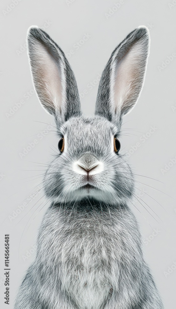 Poster a close-up image of a gray rabbit with large ears and expressive eyes.