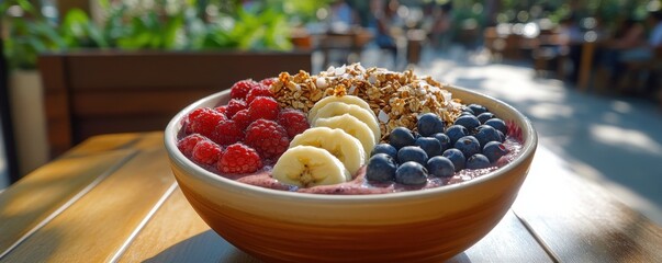 Fototapeta premium Fresh Fruit Bowl on Wooden Dining Table, Rustic Interior with Outdoor Seating for Healthy Breakfast or Alfresco Dining Promotion