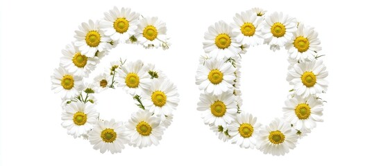 Chamomile flowers arranged as Arabic numeral 60 on a clean white background symbolizing celebration and nature's beauty