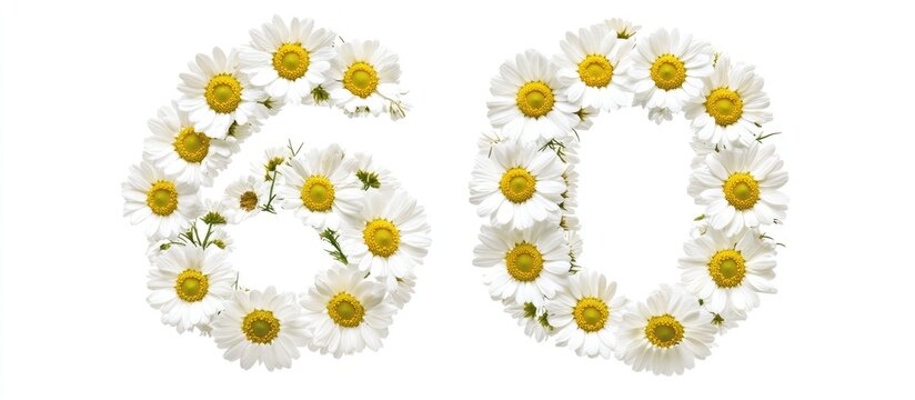 Chamomile flowers arranged as Arabic numeral 60 on a clean white background symbolizing celebration and nature's beauty