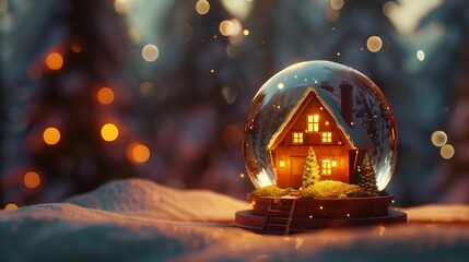 3d rendering of a house model inside of a snow globe on festive background. New home. House for Christmas. Winter housewarming