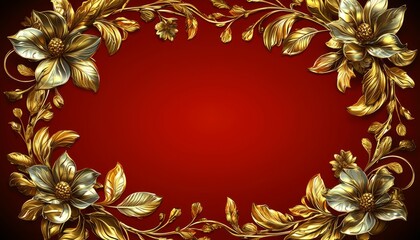 Ornate Gold Floral Frame Red Background Design