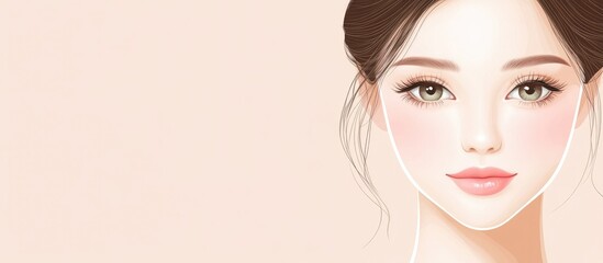 Fototapeta premium Elegant woman with natural makeup showcasing radiant skin and hair in a minimalist beauty portrait on a soft pastel background.