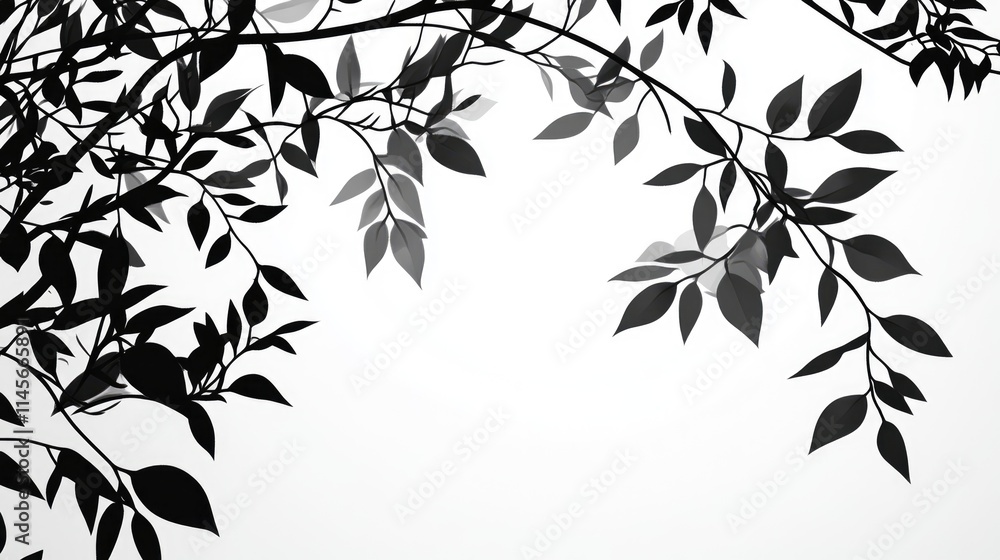 Poster silhouette of delicate tree branches and leaves against a light sky creating an abstract natural bac