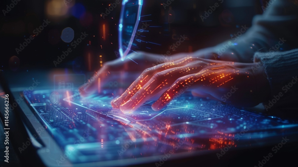 Poster futuristic hands interacting with a holographic laptop display during a late-night coding session