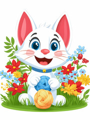 Happy Kitten Playing Yarn Amidst Spring Flowers.