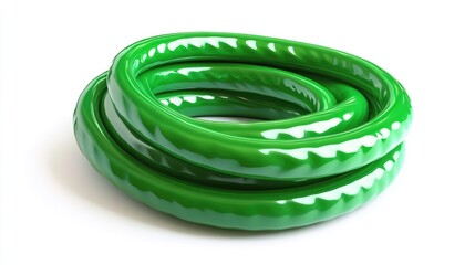 Coiled green rubber garden hose isolated on a white background for gardening and outdoor use concepts