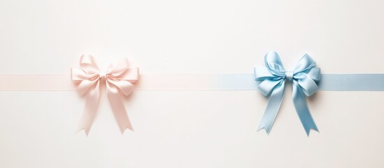 Pastel ribbons with bows arranged horizontally on a minimalist white background ideal for gift wrapping or festive decoration concepts